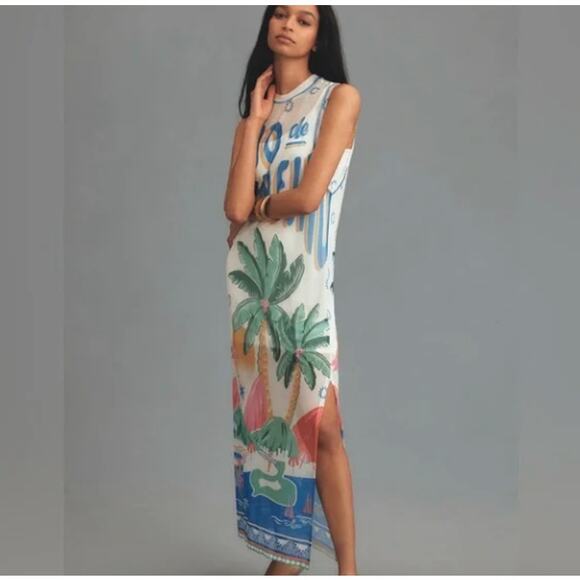Farm Rio Womens Rio De Janeiro Graphic Mesh Midi Dress Multicolor Size XL NEW - Picture 1 of 9